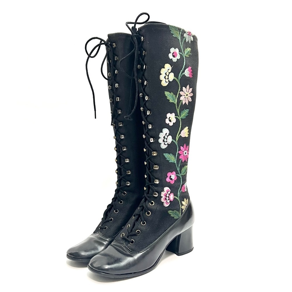 Vintage 1970s black canvas floral embroidered lace up knee high Penny Lane boots - Picture 6 of 9